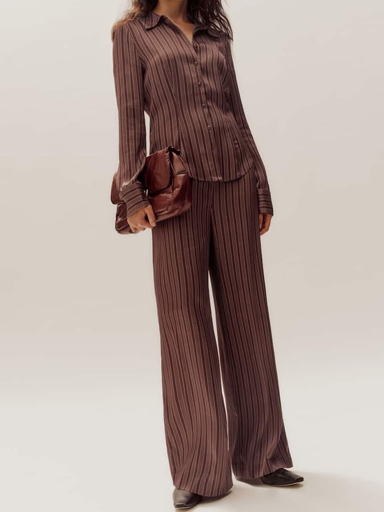 Reformation Pants - NWOT Reformation Norah Wide-Leg Satin Pant in Brown with Pinstripes Size S